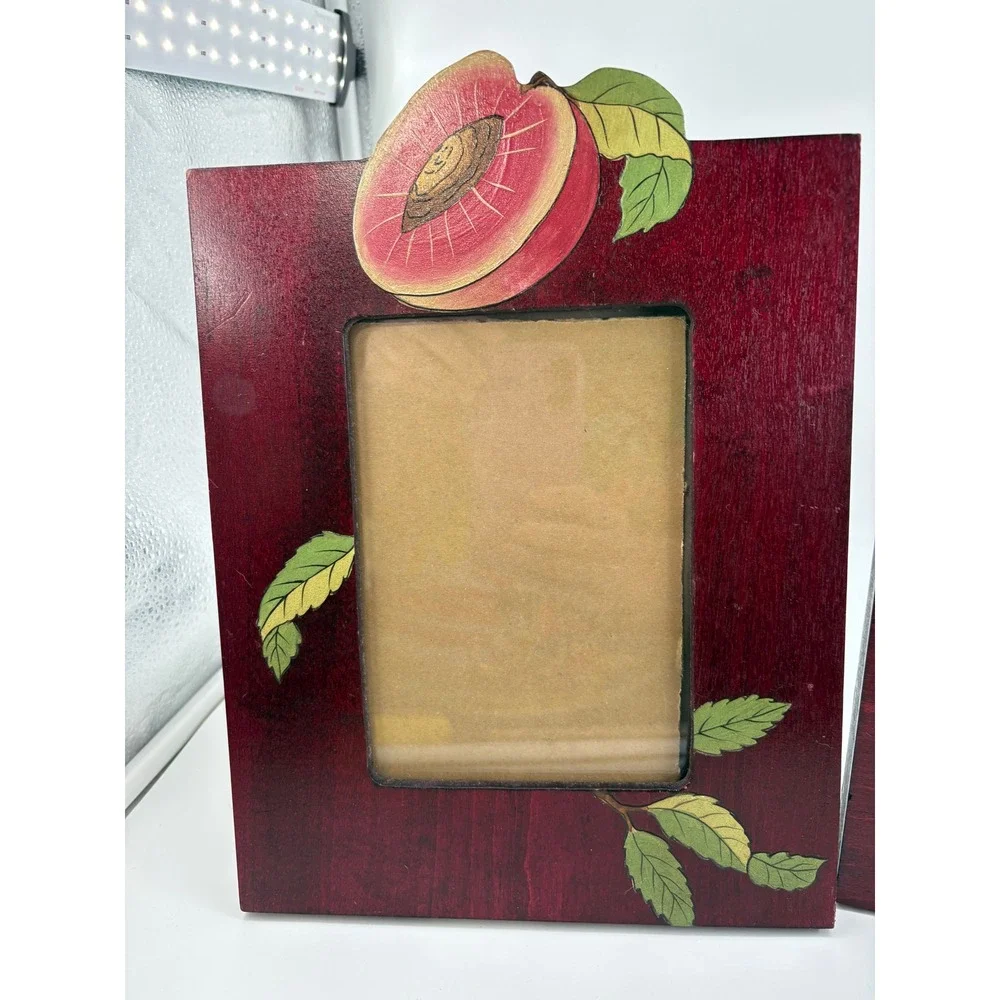 Vtg 1990s Tole Painted Cherry Wood Picture Frame Set 2 Peach Fruit Cottagecore